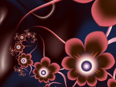 Çiçekli fraktal görüntü. Metin eklemek için bir yer şablonu. Çiçekli kırmızı fraktal çizim. Fraktal görüntü. Yaratıcı grafik tasarımı için dijital çizimler.