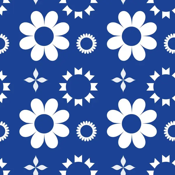 Azul Fundo Sem Costura Branco Com Flores — Fotografia de Stock