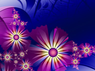 Fantastik çok renkli çiçekler. Şablon, bilgisayar arkaplan, etiket yazdırma ve daha fazlası olarak kullanılacak fraktal çizimler. Grafik arkaplan tasarımı.