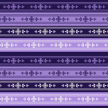 Mor çiçekli dekoratif bantlar. Belinde mor çiçekler olan çizgili neşeli bahar deseni. Dekoratif çiçek çizgileri.
