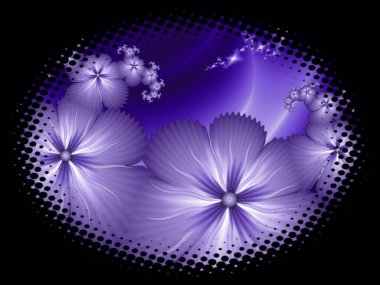 Koyu arkaplanda çiçekler olan oval çerçevedeki fraktal görüntü mesajınızı eklemek için uygun bir şablon.. 