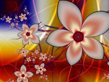 Fantastik çok renkli çiçekler. Şablon, bilgisayar arkaplan, etiket yazdırma ve daha fazlası olarak kullanılacak fraktal çizimler. Grafik arkaplan tasarımı.