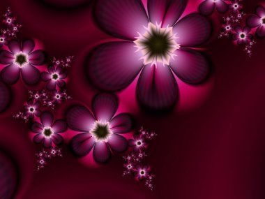 Çiçekli fraktal görüntü. Metin eklemek için bir yer şablonu. Çiçekli kırmızı fraktal çizim. Fraktal görüntü. Yaratıcı grafik tasarımı için dijital çizimler.