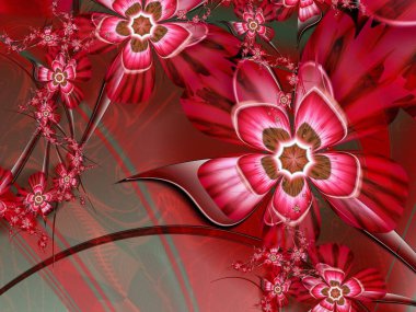 Çiçekli fraktal görüntü. Metin eklemek için bir yer şablonu. Çiçekli kırmızı fraktal çizim. Fraktal görüntü. Yaratıcı grafik tasarımı için dijital çizimler.