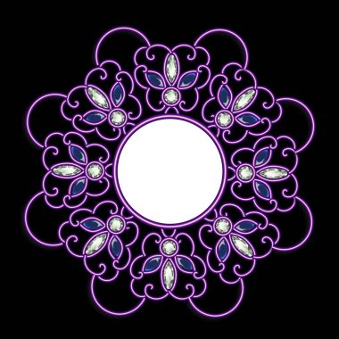 Vintage round pattern, jewelry with rubies and transparent gems on a black background, the shape of a mandala or snowflake. Beautiful jewelry, medallion, brooch, decoration. 