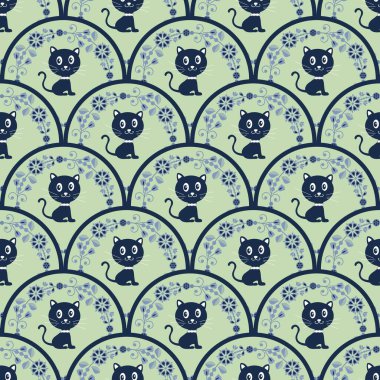 Çizgili kedili çok renkli bir dekor. Mutlu dikişler