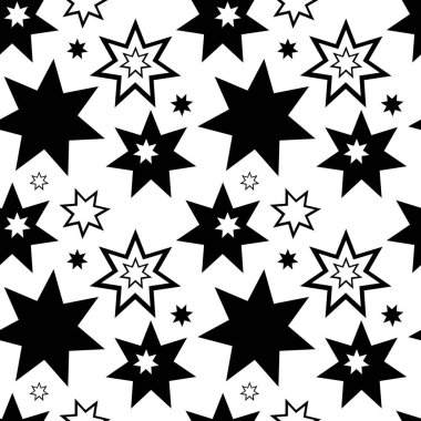 Soyut yıldızlı siyah beyaz arka plan. Düzenli siyah-beyaz desen. Tekstil tasarımı, yüzey dokuları, ambalaj kağıdı için soyut arkaplan.
