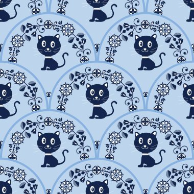 Çizgili kedili çok renkli bir dekor. Mutlu dikişler