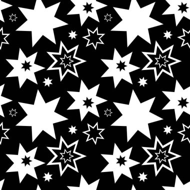 Soyut yıldızlı siyah beyaz arka plan. Düzenli siyah-beyaz desen. Tekstil tasarımı, yüzey dokuları, ambalaj kağıdı için soyut arkaplan.