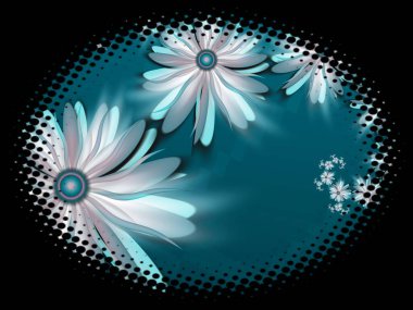 Koyu arkaplanda çiçekler olan oval çerçevedeki fraktal görüntü mesajınızı eklemek için uygun bir şablon.. 