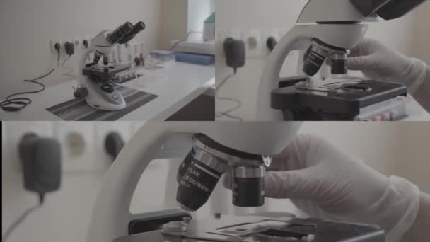 实验室里的现代显微镜 分裂屏风 医学研究 显微镜在桌子上 特写镜头 视频剪辑