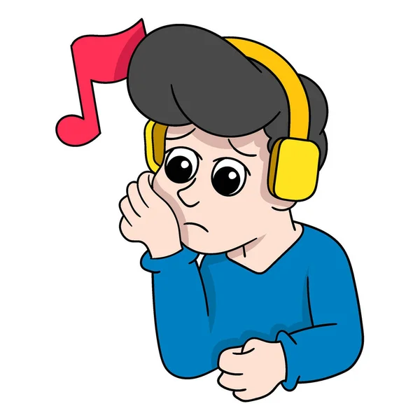 Ilustrasi Seorang Pria Memakai Headphone Mendengarkan Musik Sedih Dengan Wajah - Stok Vektor