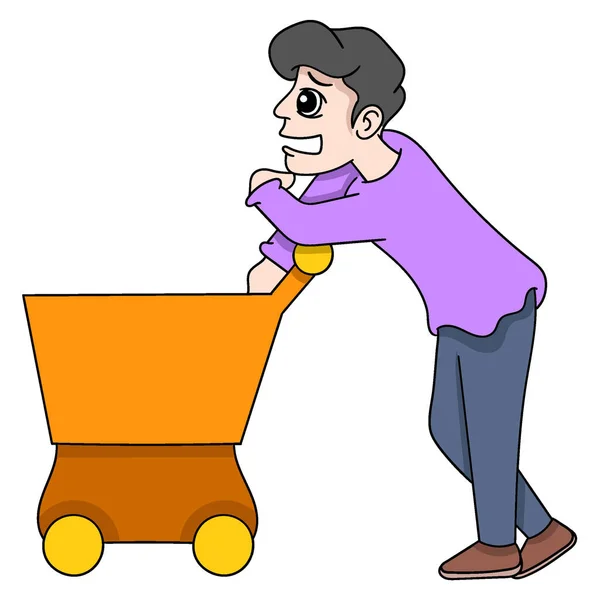 Illustration Bored Man Carrying Shopping Cart Waiting Discounted Price Vector — Stock Vector