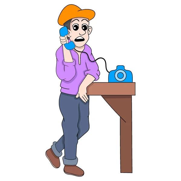 Ilustración Trabajador Taller Reparación Masculina Que Recibe Una Llamada Telefónica — Vector de stock