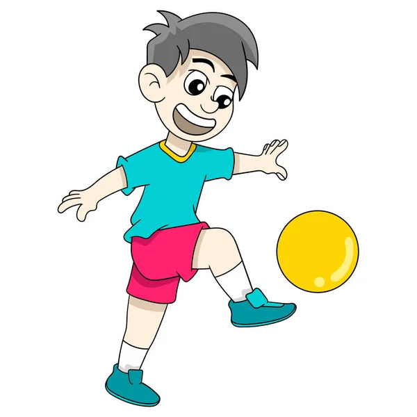 Illustration Boy Playing Football Kicking Happy Face — Stock Vector