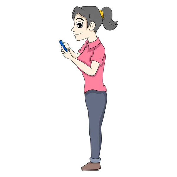 Illustration Vacker Flicka Stående Spelar Mobiltelefon Upptagen Med Att Hand — Stock vektor