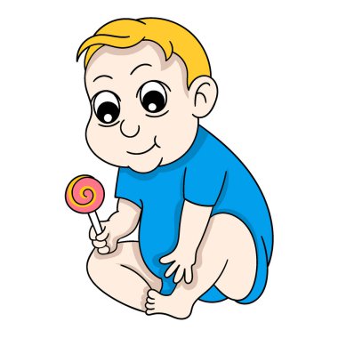 Bebek elinde şeker şekerlemeleriyle tatlı tatlı oturuyor. vektör tasarımı illüstrasyon sanatı