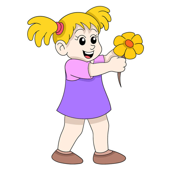 счастливая светловолосая девочка смеется, играя подсолнухи. векторный дизайн