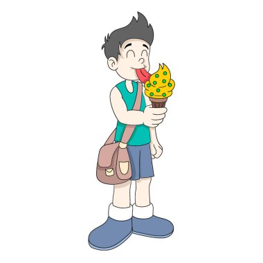 Dondurma yiyen mutlu yüzlü çocuk yazın tadını çıkarıyor. vektör tasarımı illüstrasyon sanatı