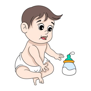 Bebek oturuyor. Önündeki süt şişesini almaya çalışmalı. vektör tasarımı illüstrasyon sanatı