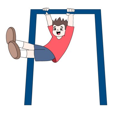 Kid Boy is practicing pull up sports in the park to be strong. vector design illustration art