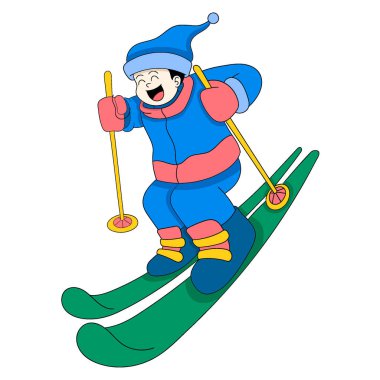 boy is enjoying winter holidays skiing in snow. vector design illustration art