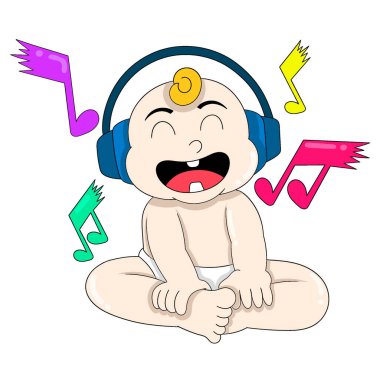 baby boy is sitting laughing happily wearing headphones listening to classical music. vector design illustration art