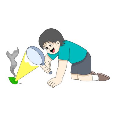 Çocuk ateş üretmek için büyüteç kullanarak ilginç bir aktivite yapıyor. vektör tasarımı illüstrasyon sanatı