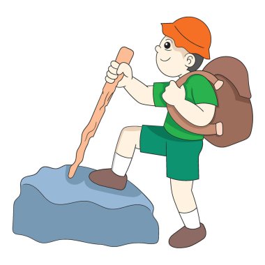 Çocuk vahşi doğanın dağlarını ve ormanlarını keşfetmek için bir maceraya çıktı. vektör tasarımı illüstrasyon sanatı