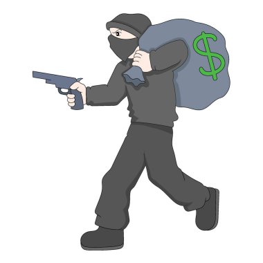 a thief dressed all in black is stealing a bag of money, a sign of corruption. vector design illustration art