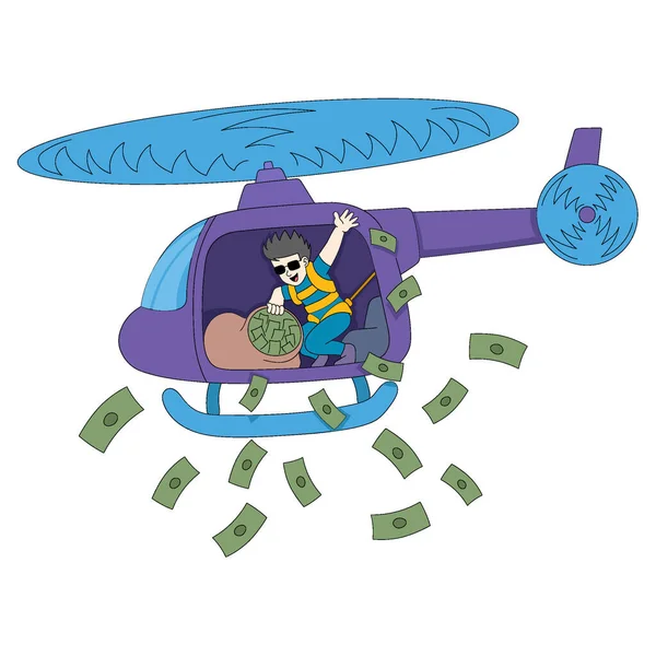 Bogaty Odnoszący Sukcesy Młody Człowiek Jest Helikopterze Siejąc Pieniądze Wektor — Wektor stockowy