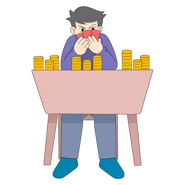 Chłopak Siedzi Poważnie Grając Karty Pieniądze Przepełnione Wektor Projekt Ilustracja — Wektor stockowy