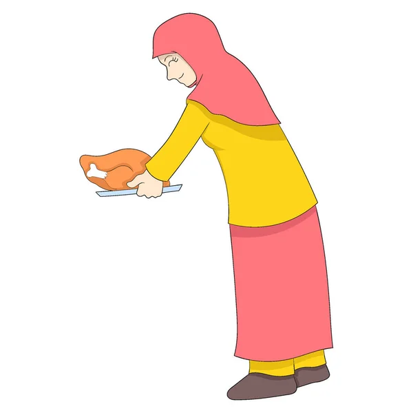Muslim Woman Carrying Delicious Grilled Chicken Food Iftar Menu Vector — Stock Vector