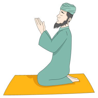 Müslüman adam oturmuş Tanrı 'ya dua ediyor ve zenginlik istiyor. vektör tasarımı illüstrasyon sanatı