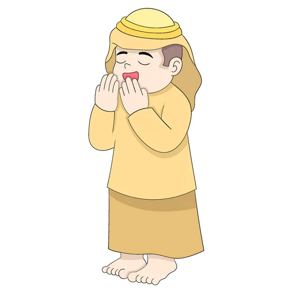 Rapaz Islâmico Está Estendendo Mãos Oração Deus Desenho Vetorial Ilustração —  Vetores de Stock