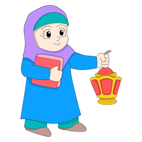 Fille Islamique Marche Portant Lanterne Livre Sacré Dessin Vectoriel Illustration — Image vectorielle