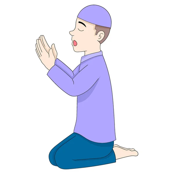 Homem Muçulmano Está Sentado Orando Deus Serviço Oração Desenho Vetorial — Vetor de Stock