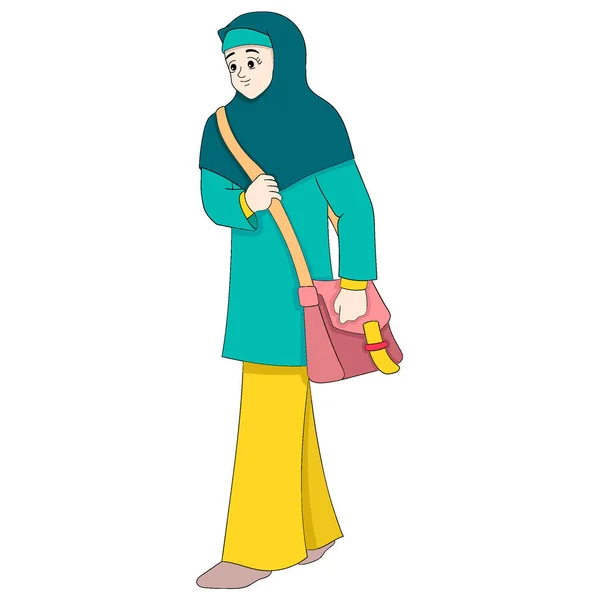 美しいイスラム教徒の女の子が勉強のために学校に向かって歩いています ベクターデザインイラストアート — ストックベクタ