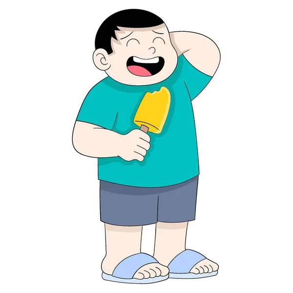 Fat Boy Embarrassed Because Eats Ice Cream Ramadan Vector Design — Stock Vector