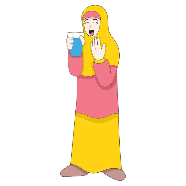 Belle Fille Islamique Prie Tout Commençant Boire Iftar Ramadhan Dessin — Image vectorielle