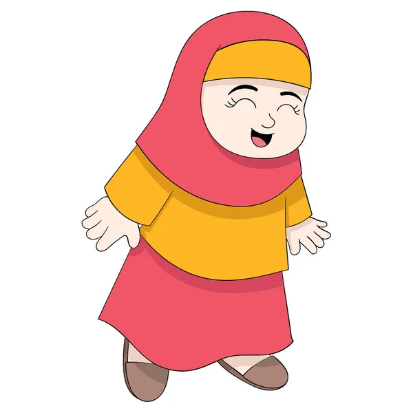 Islamic Little Girl Happy Greeting Friendly Vector Design Illustration Art — Stock Vector