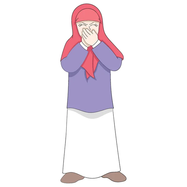 Молодая Ислам Девушка Закрывает Нос Плохого Запаха Вокруг Векторный Дизайн — стоковый вектор