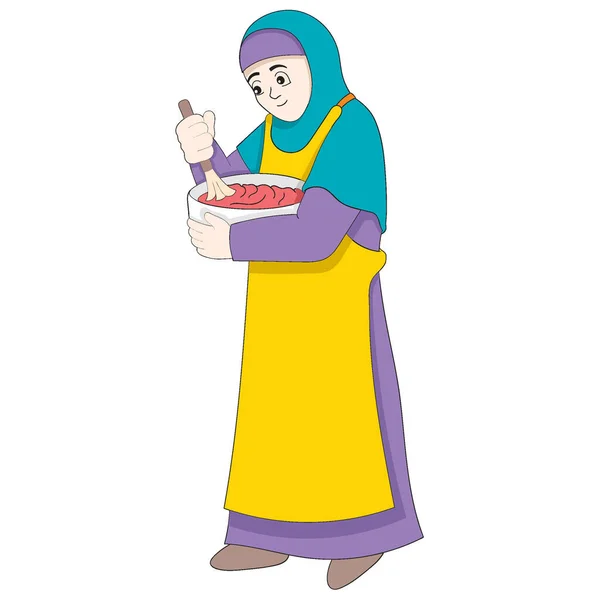 stock vector young muslim girl is making cake dough for iftar meal. vector design illustration art