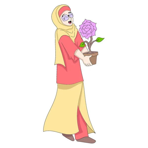 美しいイスラム教徒の少女は美しいバラを運んで満足している ベクターデザインイラストアート — ストックベクタ