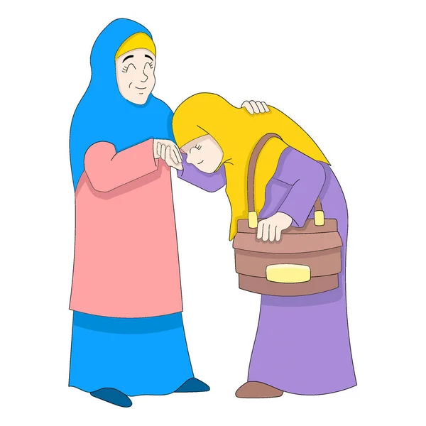 Famille Islamique Fille Serrant Main Mère Dessin Vectoriel Illustration Art — Image vectorielle