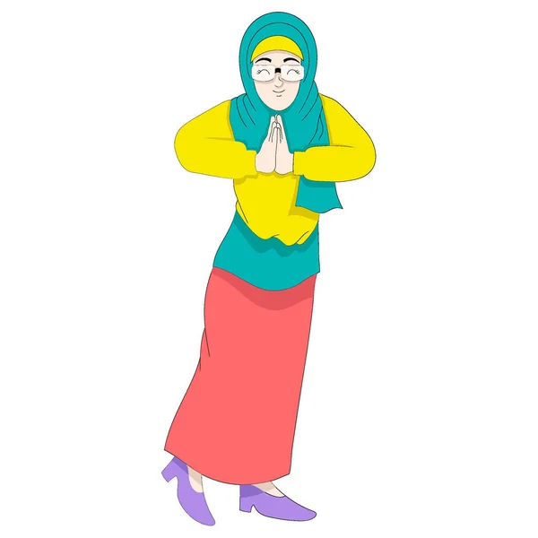 Chica Islámica Posa Deseándote Feliz Eid Fitr Diseño Vectorial Ilustración — Vector de stock