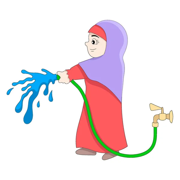 伊斯兰妇女正在用软管浇灌植物 矢量设计图解艺术 — 图库矢量图片