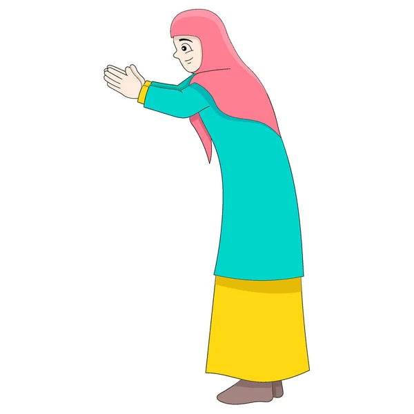 Femme Islamique Montrant Geste Serrer Main Avec Mois Ramadan Dessin — Image vectorielle