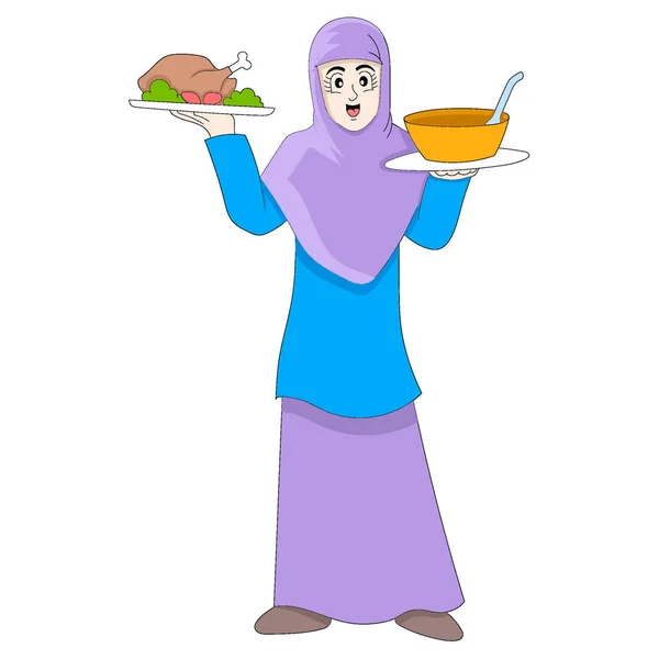 イスラム教徒の女性たちは食べ物や飲み物を提供しています ベクターデザインイラストアート — ストックベクタ