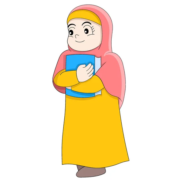 小さな女の子がイスラム教の聖なる本をモスクに運んで歩いている ベクターデザインイラストアート — ストックベクタ